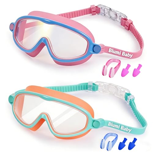 Blumi Goggles Kids 2 Pack Ages 3-14 Wide View Anti-Fog Anti-UV One-Button Quick Release No Hair Tangling (Pink Blue + Orange)