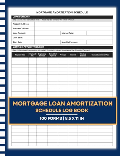 Mortgage Loan Amortization Schedule Log Book: Home Loan Payment Tracker for Principal, Interest & Balance | Monitor Your Payoff Progress | Borrower & Property Records | 100 Loan Logs | 8.5 x 11
