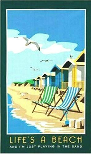 Life's A Beach Tea Towel Souvenir Beach Huts Cotton Coastal Scenes Seaside
