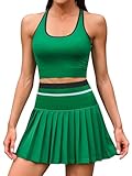 ATTRACO Tennis Outfits for Women Pleated Tennis Skirt Racerback Crop Top Active Dress Dark Green S