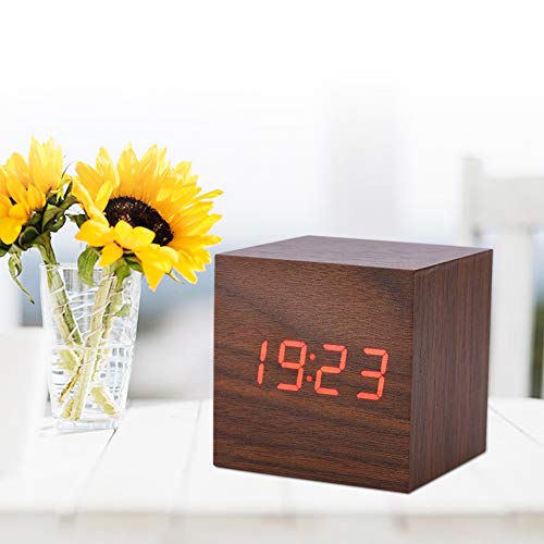Digital Alarm Clock, Led Clock 3 Levels Brightness Modern Wooden Cube Clock Temperature Display With Voice Control For Bedrooms (Brown) #TOP2