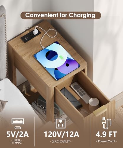 Image of Akxomel Narrow Nightstand Set 2 with Charging Station Fluted Table Oak