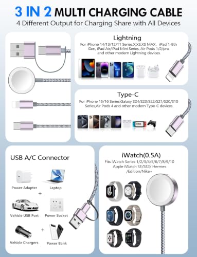 Image of 1Pack Travel Essentials for Apple Watch Charger,3-in-2 Multi Charging Cable | Cruise Vacation Camping Essentials for iPhone Charger,Type C /Lightning for iWatch,iPhone 17-12,Xbox Series X&S-6FT Gray