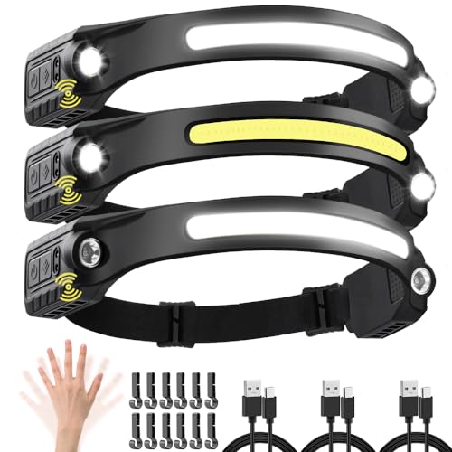 Rechargeable Headlamp with 2 Spotlights, 3Pack LED Headlamp, 230° Wide Beam Head Lamp, Motion Sensor Headlight, 5Mode Head Lights for Forehead Waterproof, Headlamps for Adults Hard Hat Running Camping