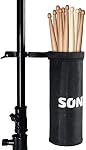 SONICAKE Drumstick Holder, Adjustable Nylon Drum Sticks Bag, Drumstick or Brushes Mallets Container Bag, Clamp-On Lockable Aluminium Alloy Drumstick Holder for Drum Set, Up to 5 Pairs of Sticks