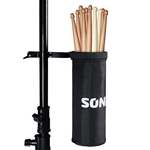 SONICAKE Drumstick Holder, Adjustable Nylon Drum Sticks Bag, Drumstick or Brushes Mallets Container Bag, Clamp-On Lockable Aluminium Alloy Drumstick Holder for Drum Set, Up to 5 Pairs of Sticks by SONICAKE - Used condition - US$12.12