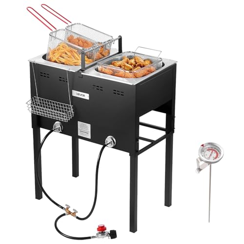 VEVOR Outdoor Propane Deep Fryer, Dual-Tank 16QTx2 Large Capacity Commercial Fryer, Stainless Steel Fish Cooker with 3 Basket, Thermometer, Floor Standing Fryers for Catering Event Camping, 50,000 BTU
