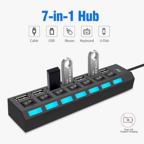 7-Port Usb Hub Usb 2.0 Hub Data Transfer With Individual Switches Indicator Lights For Pc Laptop (Black-2) #TOP3
