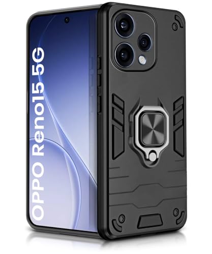Image of WOW IMAGINE Shock Proof Back Case Mobile Cover for Oppo Reno 15 5G | Back Cover Case (Tough Armor | Hybrid PC + TPU | Ring Holder & in-Built Kickstand | Black)