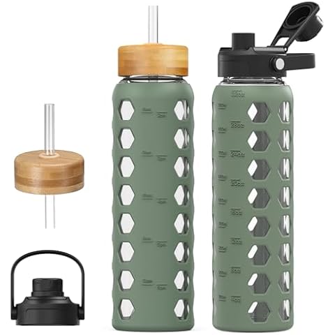 MUKOKO Glass Water Bottles, 32oz Glass Tumbler with Straw, Drinking Bottles with 2 Lids-Handle Spout Lid&Bamboo Straw Lid, Motivational Water Bottle with Time Marker and Silicone Sleeve, 1 Pack-Olive Cover