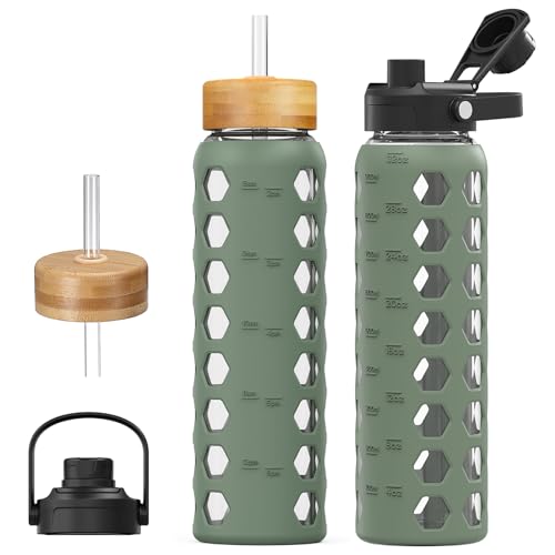 , 32oz Glass Tumbler With Straw, Drinking Bottles With 2 Lids-handle Spout Lid&bamboo Straw Lid, Motivational Water Bottle With Time Marker And Silicone Sleeve, 1 Pack-olive