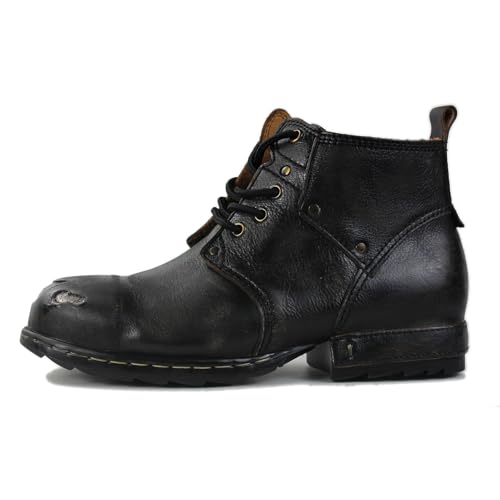 Image of OSSTONE Moto Boots for Men Fashion lace-up Leather Chukka Boots Casual Shoes Metal Cleats OS-6015-3-A-US-R Metal Black