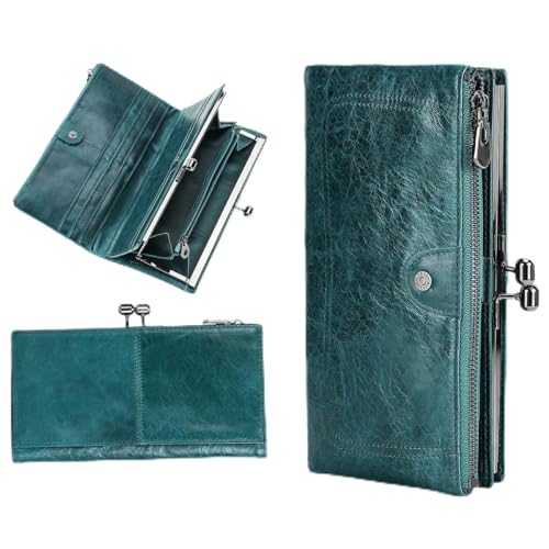 Portefeuille femme en cuir bleu avec fermeture baiser et 10 fentes cartes haute capacite