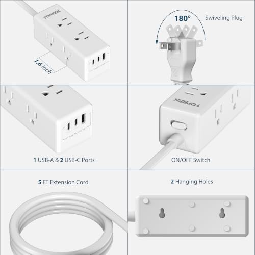 2 Prong Power Strip, TOPREK 2 Prong to 3 Prong Outlet Adapter, 1440J 2 Prong Surge Protector with 6 Outlets & 3 USB, 5FT 2 Prong Extension Cord with Swiveling Flat Plug, Ideal for Non-Grounded Outlet - image 8