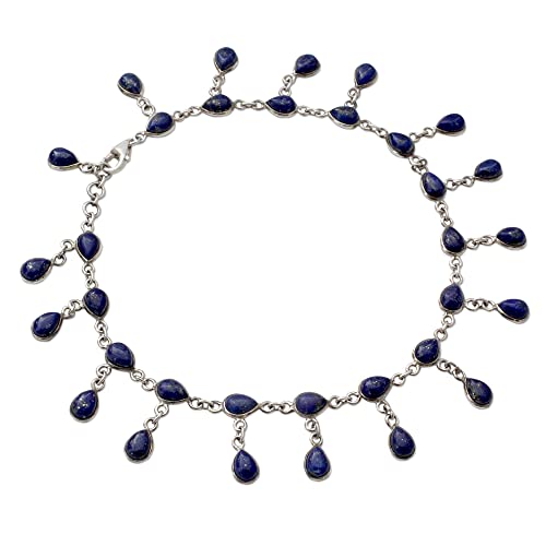 Novica Lapis Lazuli .925 Sterling Silver Link Anklet, 10.25" 'Royal Dewdrops' #TOP7