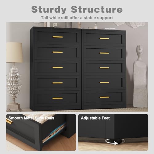 Black Metal Dresser with 5 Drawer, Tall Dressers for Bedroom, 48\" Tall Modern Chest of Drawers, Steel Large Dresser Clothing Storage Organizer Deep Drawers for Closet, Living Room, Hallway