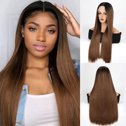 VOKEYLA Synthetic Lace Front Wigs For Women Ombre Brown Blonde Straight Hair Glueless 13x4x1 Long Straight Natural Heat Resistant Fiber Natural Wig With 26 Inch (OBB)
