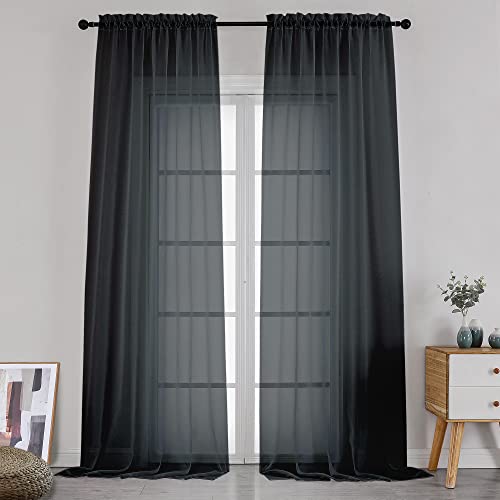 Image of Simplebrand Black Sheer Curtains 120 Inches Long, Extra Long Rod Pocket Solid Color Window Sheer Curtain Panels, Elegant Curtains & Drapes for Living Room, Bedroom 2 Panels (Black, 2x42x120'')