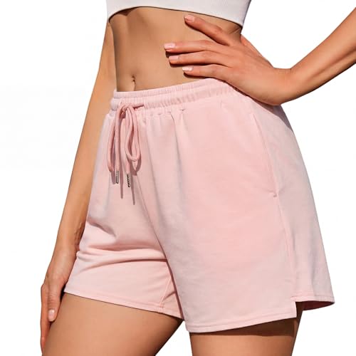 Image of Litherday Gym Sports Shorts Sweat Jogger High Waisted Cotton Casual Lounge Yoga Running Short with Pockets High-Low Hem Hiking Cycling Training Pink S