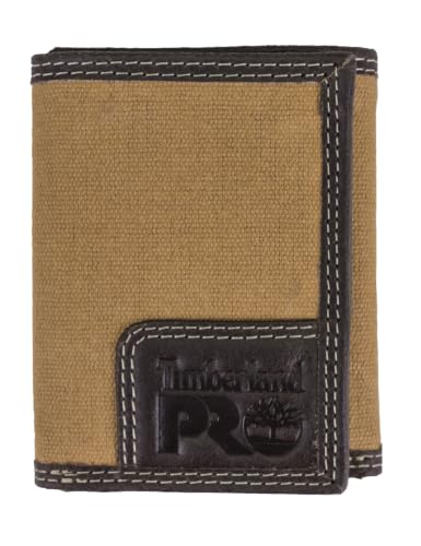 Timberland PRO Carteira masculina de couro de lona RFID com três dobras com bolsos com zíper, Caqui, tamanho nico