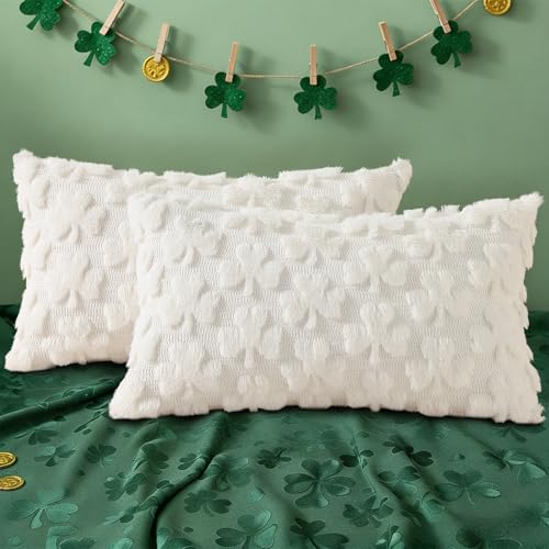 Image of decorUhome St. Patrick's Day Shamrock Pillow Covers 12x20 Inch Set of 2, Soft Plush Faux Wool Cream White Throw Pillow Covers, Farmhouse Spring Holiday Decor for Sofa Living Room