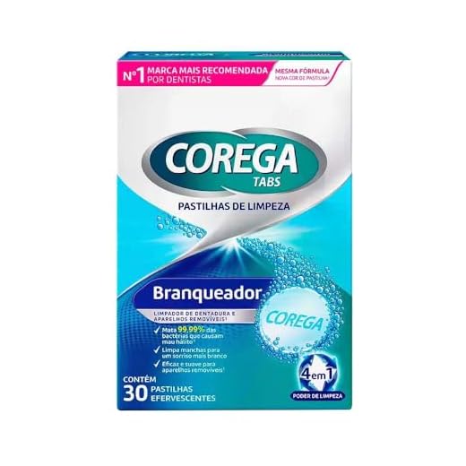 Corega Tabs Pastilhas Efervescentes Para Limpeza de Dentadura e Aparelhos Removíveis, Efeito Branqueador, 30 Unidades