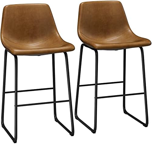 Shahoo 29 inch Industrial Bar Stools Set of 2, Faux Leather Dining Chairs with Metal Legs and Footrest, Counter Height Barstools with Back for High Table Kitchen Island, Dark Brown