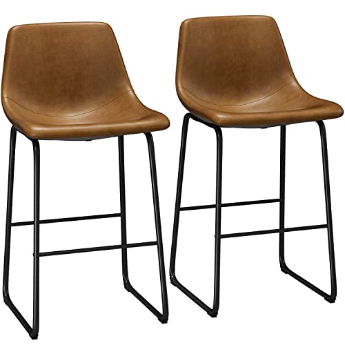 Shahoo 29 Inch Industrial Bar Stools Set Of 2, Faux Leather Dining Chairs With Metal Legs And Footrest, Counter Height Barstools With Back For High Table Kitchen Island, Dark Brown #TOP12