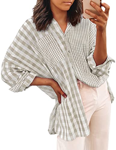 Zesica Women's Casual Plaid Patchwork Long Sleeve Button Down Oversized Shirt Blouse Top,Apricot,Small #TOP16