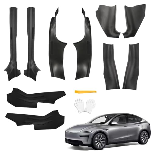 Image of 8Pcs Door Sill Protector and 2Pcs Center Console Anti-Kick Pads for Tesla Model Y Juniper 2025 2026 Front and Rear Door Pedal Kick Protection Carbon Fiber Friction Resistant Interior Accessories