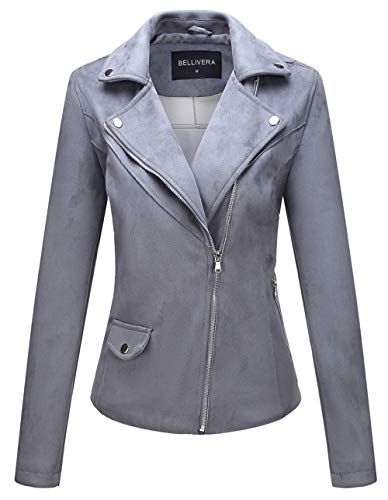 Bellivera Faux Suede Leather Jackets for Women, Moto Biker Short Coat with 2 Pockets Gray Medium