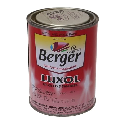 Image of Berger Luxol Hi Gloss Enamel Paint Smoke Grey 500 ml | Fast Drying & Easy to Apply | High Gloss Finish for Elegant Look | Ideal for Fresh Painting & Repainting | Durable Interior & Exterior Use