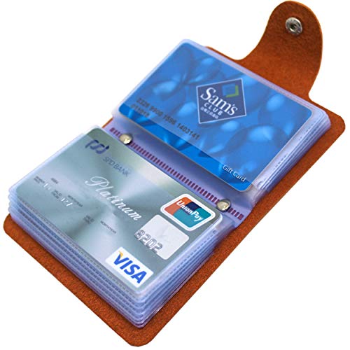 Image of Soft Leather Credit Card Holder for Men & Women Bank Card Case with 24 Durable Plastic Insert Slots Slim Pocket Wallet ID Card Organiser Business Card Case Purse (Orange)