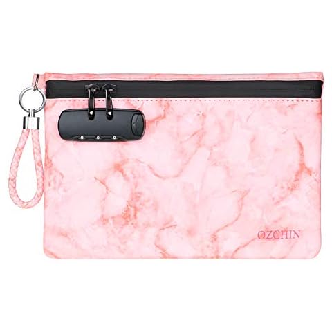 OZCHIN Smell Proof Bag with Combination Lock Certificates Organizer PU Leather Lock Bag Travel Storage Case 10 x 7 inches (Pink) Cover