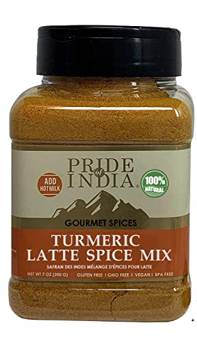 Pride of India – Turmeric Latte Spice Mix – Gourmet & Warm Tea Spice Blend – Healthy/Gluten-Free – Ideal for Lattes/Smoothies/ Golden Milk – Easy to Store – 7 oz. Medium Dual Sifter Bottle