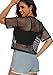 Fishnet Top for Women Short Sleeves See Through Tops Loose Sheer Bikini Cover Up(Black,S)