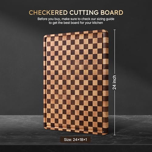 Image of Cutting Boards for Kitchen Checkered Cutting Board 24in Acacia Wood Charcuterie Board Serving Heavy Duty Non Toxic Slip Over Sink Butcher Block Wood Chopping Board with Juice Grooves Handles