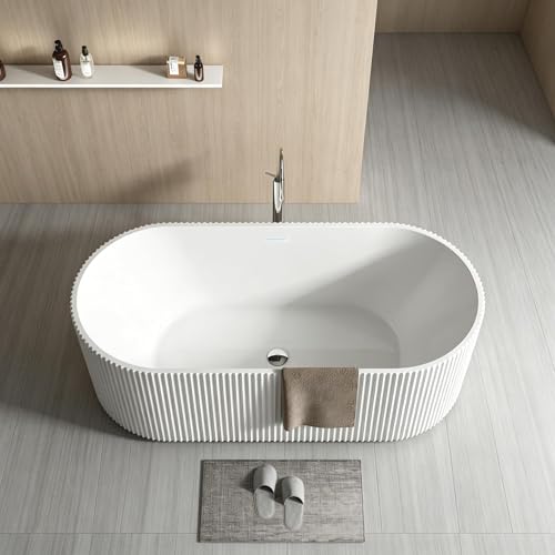 Image of 59 Inch Acrylic Freestanding Bathtub, Deep Soaking Tub with Non-Slip Base, cUPC Certified Free Standing Tub, Chrome Drain Bath Tub, Modern Tub for Bathrooms, White