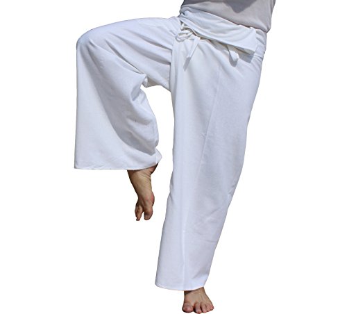 Raanpahmuang Thai Fisherman Pants Men/Women, Loose Yoga, Pirate, Harem Pants, 100% Cotton, Unisex Kimono Pants, X-Large, White #TOP1