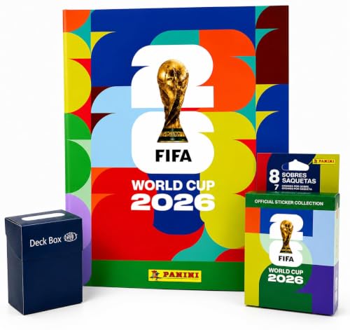 Pack Álbum Oficial Mundial Panini FIFA World Cup 2026, 8 Sobres (56 Cromos) y Deck Box de Regalo