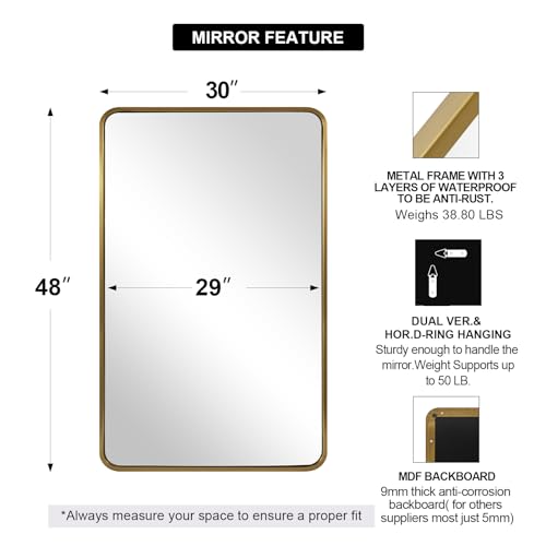 ANDY STAR Brushed Gold Bathroom Mirror 48”X30”, Brass Bathroom Vanity Mirror Rounded Rectangle, SUS304-Anti-Rust Metal Frame Mirror, Wall Mounted Horizontal/Vertical 1’’ Deep by ANDY STAR - Image 2