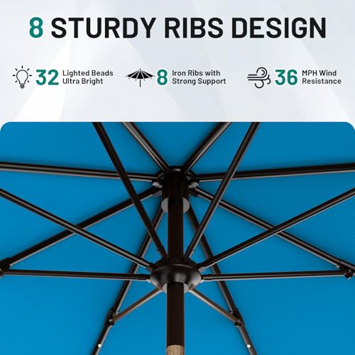 Image of AreShark 9FT Patio Umbrella with Solar Lights, 32 Lighted Pool Umbrella w /Tilt and Crank, Outdoor Market Solar Umbrellas for Garden, Deck, Backyard, Pool and Beach, Royal Blue
