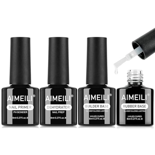 AIMEILI Builder Gel Dehydrator Primer und Rubber Base Set 4 x 8ml 7 IN 1 Builder Nail Gel Nail Prep Dehydrator und Primer Rubber Base Coat Unterlack für Fingernägel