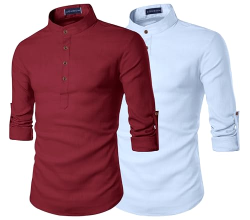 Image of Zombom Men's Combo Cotton Polyester Blend Solid Full Sleeve Straight Regular Fit Mandarin /Chinese Collor Kurta (Pack of 2)