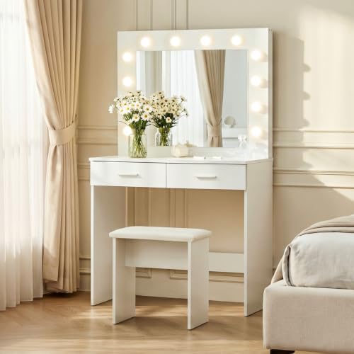 Image of TUKAILAi White Dressing Table with LED Mirror and Stool, Adjustable Brightness, Compact Small Vanity Desk With 2 Drawers, Space Saving Makeup Desk For Bedroom Girls Women