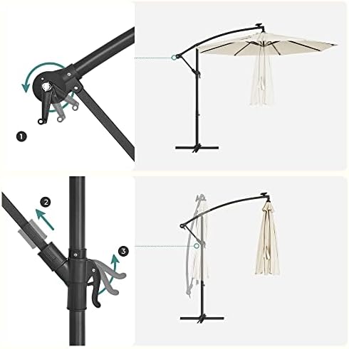 SONGMICS Cantilever Garden Patio Parasol with Solar-Powered LED Lights, Offset Parasol with Base, UPF 50+ Banana Hanging Umbrella, Crank for Opening Closing