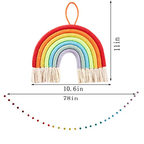 Woven Rainbow Tassel Wall Hanging Decor With 2Pcs Colorful Pom Pom Felt Ball Garland For Party Supplies, Baby Shower,Photo Prop,Nursery And Home Decor，Christmas Decoration #TOP1