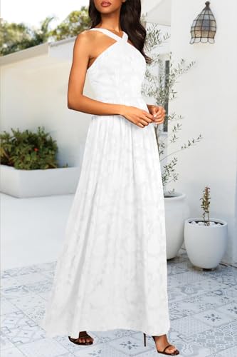 MITILLY Women's Summer Dresses 2025 Boho Halter Neck Sleeveless Smocked Floral Backless A Line Flowy Maxi Dress with Pockets4