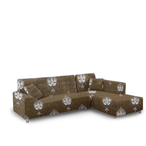Image of Amazon Brand - Solimo L-Shaped Sofa Printed Slipcover | 2 Pieces Elastic Sofa Cover | High Density Stretch Fabric | Universal Fit (Brown)