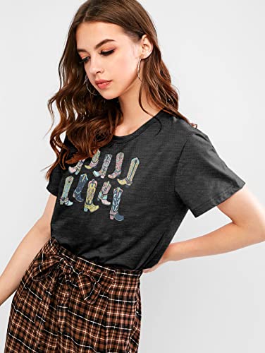 Western Cowgirl Boots Shirt Women Boho Cowboy T-Shirt Country Music Short Sleeve Tops With Round Neck Gray #TOP1